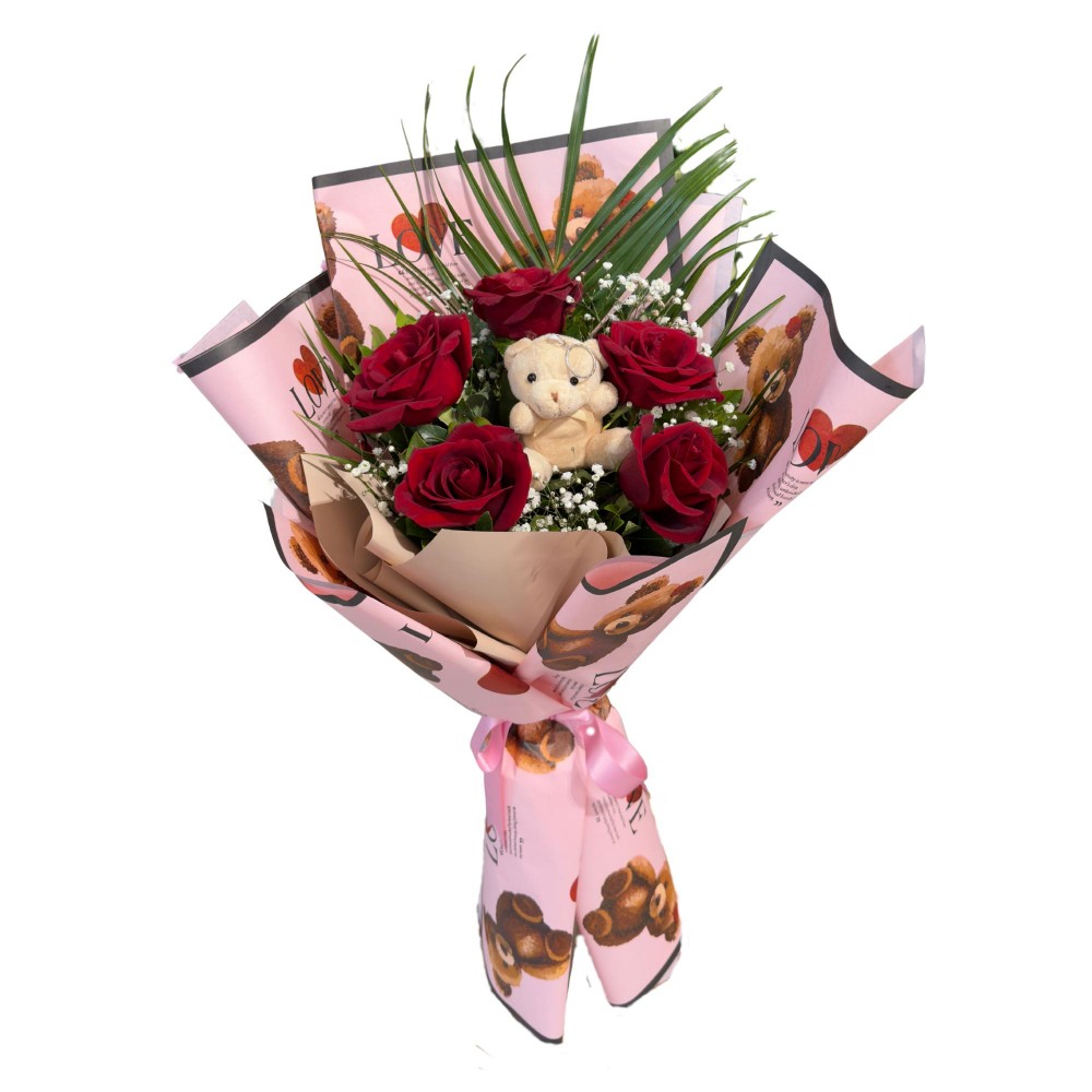 Ayıcıklı 5'li Kırmızı Gül Buketi